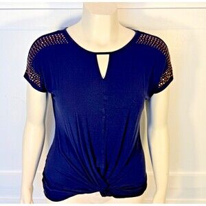 Carmen Marc Valvo Blouse Knit Top Womens L Navy w/ Copper Studs Keyhole Neck